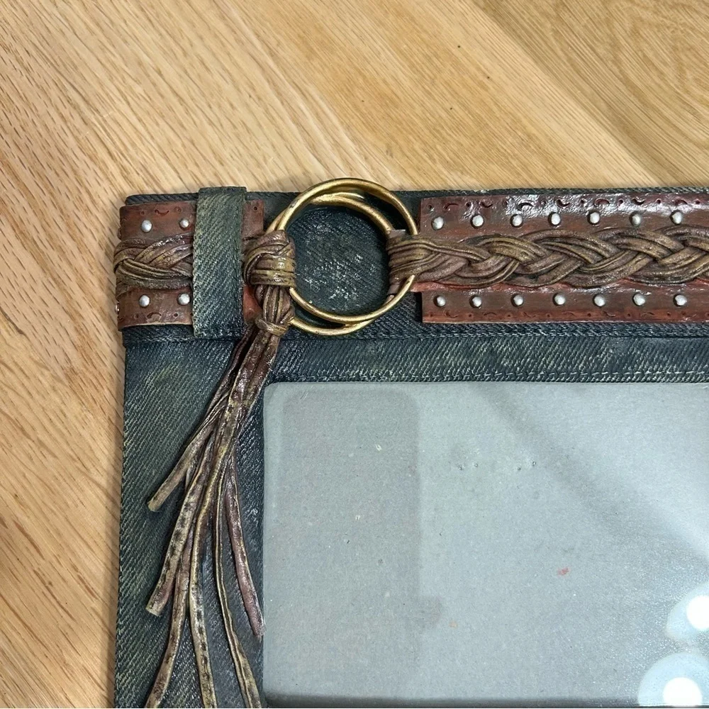 Denim Jean Picture Frame Belted Boho Grunge 4x6 Blue Brown